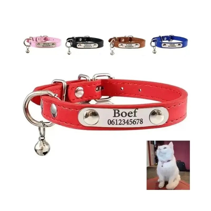 Kattenhalsband met naam, gepersonaliseerde halsbandjes voor katten of kitten telefoonnummer en belletje graveren rood