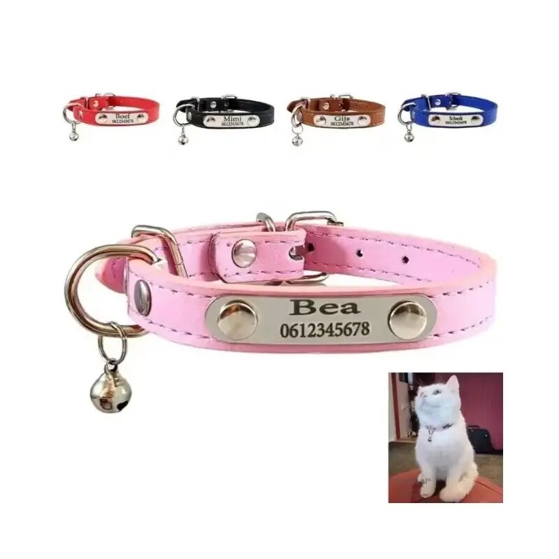 Kattenhalsband met naam, gepersonaliseerde halsbandjes voor katten of kitten telefoonnummer en belletje graveren roze