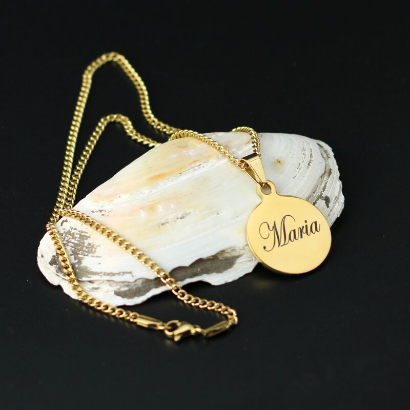 Hanger met naam graveren goud kleurig vriend, vriendin kind ronde hanger met ketting