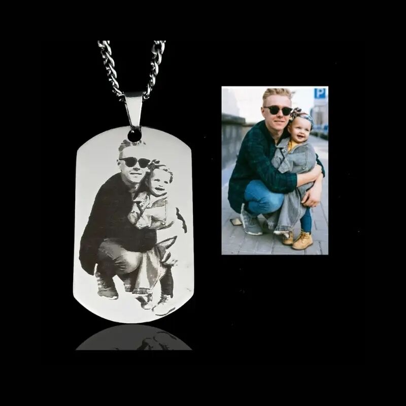 Heren ketting graveren met hanger met foto Zilver kleurig sieraden mannen legerplaatje met foto